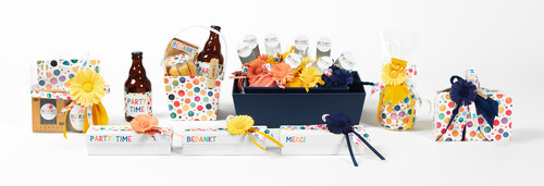 Marco thank you packaging with colourful dots  flowers  gift boxes and decorations for end-of-school gifts  parties and thoughtful treats.