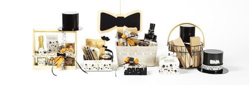 Gentleman Father s Day packaging by Marco with gift boxes  baskets and accessories in black  gold and kraft  featuring stylish details such as hats  moustaches and bows.