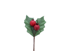 2 holly leaves green with 2 red berries