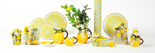 Marco spring and summer packaging in a lemon theme with gift boxes  bags  ribbons and decorations in fresh yellow and green colours.